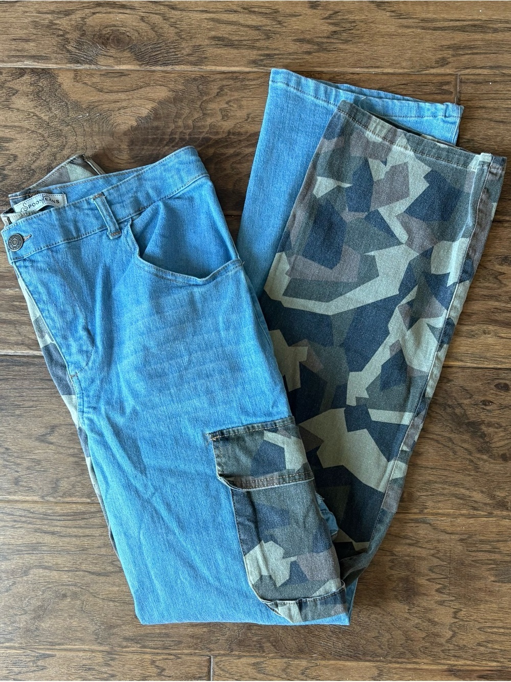 Mixed Denim and Camouflage Wide Leg Jeans - Blue/Camo by SpoonJeans